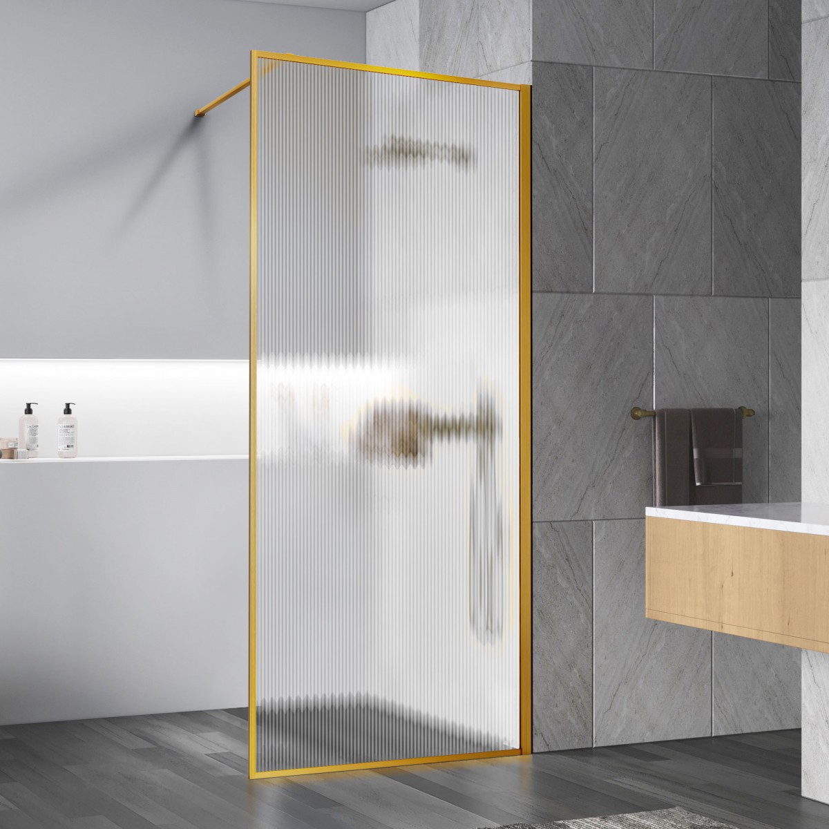 Душевая перегородка Vincea Walk-In 90х200 профиль брашированное золото стекло рифленое  VSW-1HP900FLBG - 0