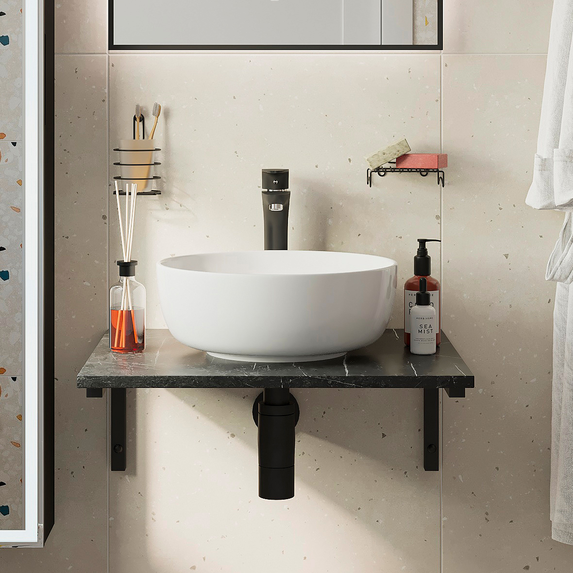 Столешница с раковиной DIWO Элиста 60 чёрный мрамор, с раковиной Moduo 40 RING 554733 - 0