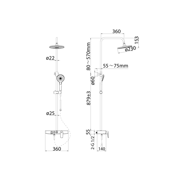 Смеситель с верхним душем и изливом SHESB3Bi06 - 6