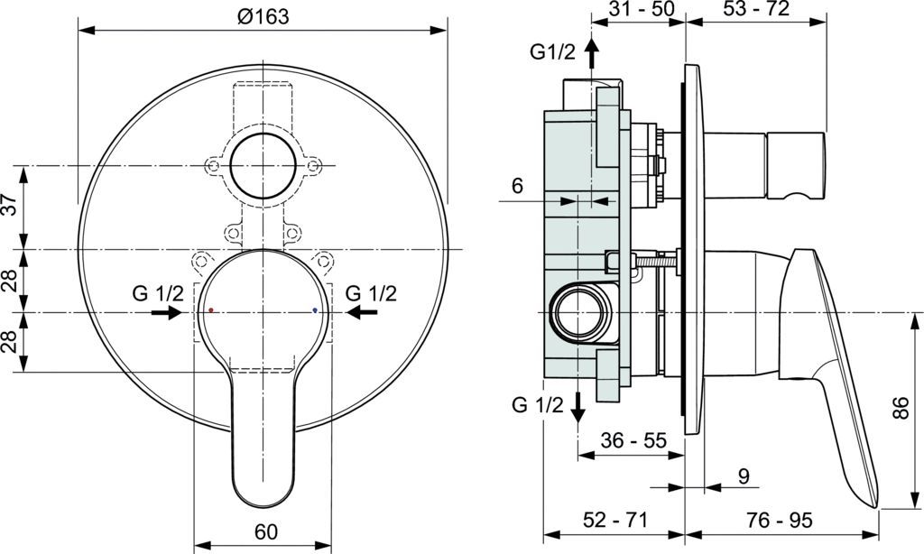 Смеситель Ideal Standard Dot 2.0 A7165AA С ВНУТРЕННЕЙ ЧАСТЬЮ, для ванны с душем - 1