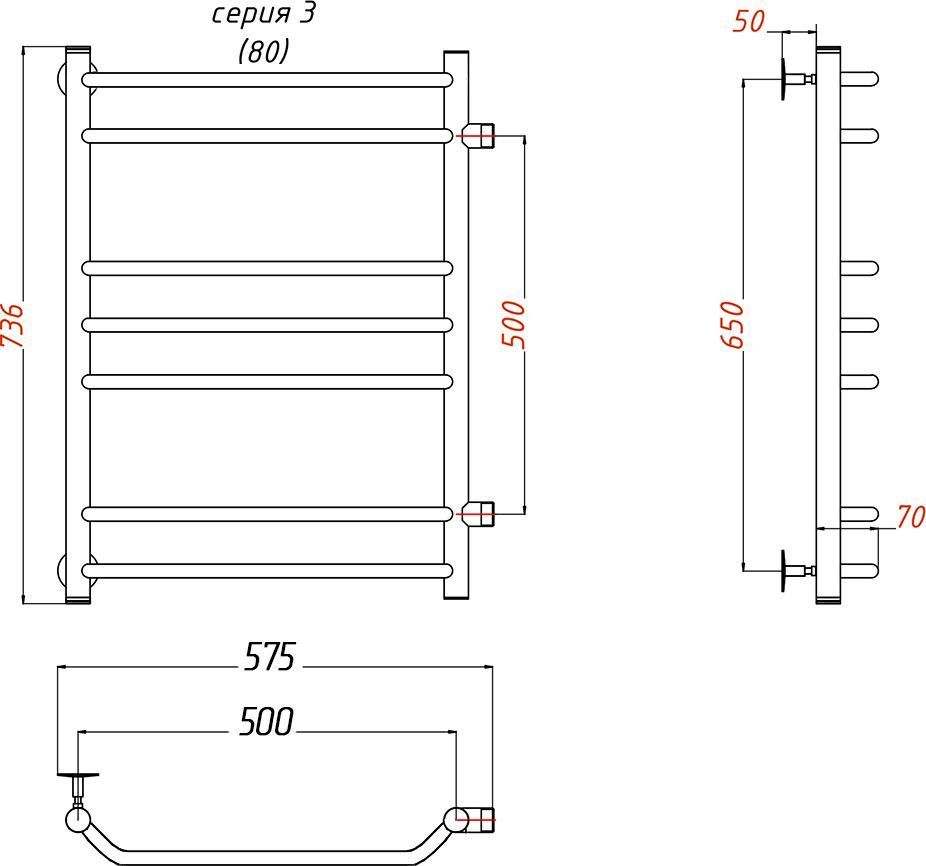 Полотенцесушитель водяной Тругор ЛЦ Браво ПМ 3 П R 50x80x50, с полкой Браво3/ПМ508050 П прав - 1