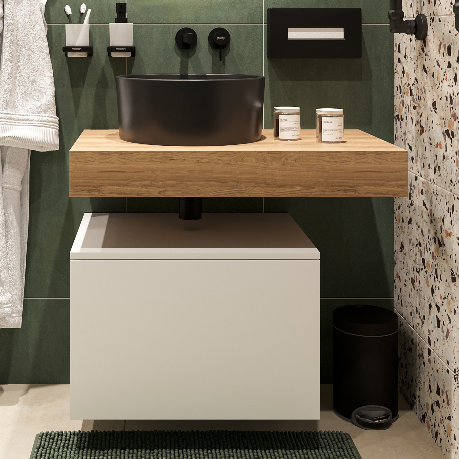 Столешница STWORKI Ольборг 80 дуб французский, без отверстий, с тумбой 60, с раковиной BOCCHI Vessel черной 486640 - 0