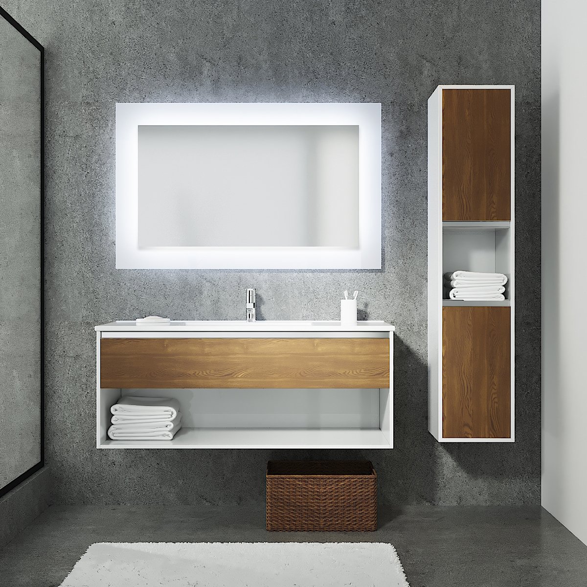 Тумба с раковиной Sanvit Контур 100 белый глянец - светлое дерево - 3