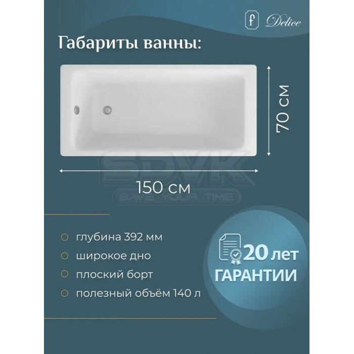 Ванна чугунная Delice Parallel DLR220504RB 160х70 см, без антискользящего покрытия, с ручками черными матовыми - 1