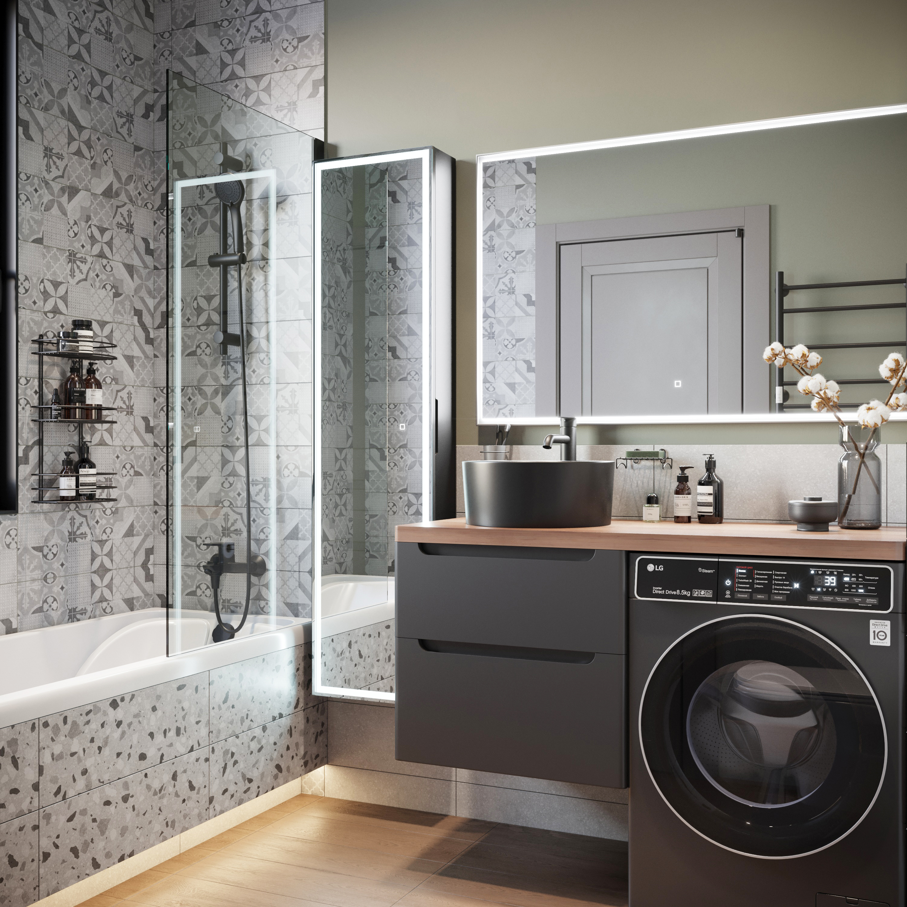 Мебель для ванной STWORKI Берген 60 серая с темной столешницей 122, раковина BOCCHI Vessel черная, R 549765 - 1