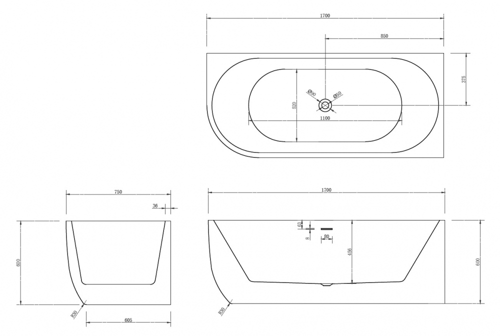 Акриловая ванна Abber 170x75, правая  AB9315 R - 4