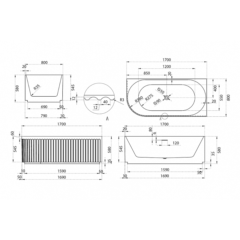 Акриловая ванна Abber 170х80 белая правая без гидромассажа AB9412-1.7 R - 2