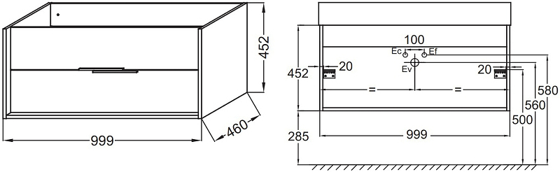 EB1585-E52-S14 тумба под раковину VIVIENNE с 2 ящиками /100/ (дуб табак/черный сатин) - 1