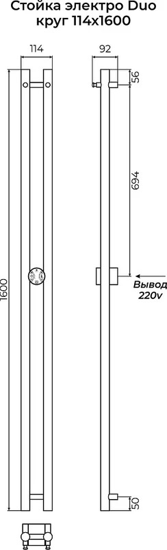 Полотенцесушитель электрический Terminus Дуо круг1600 160x10 см, глянцевый хром, I-образный 4670078528308 - 3