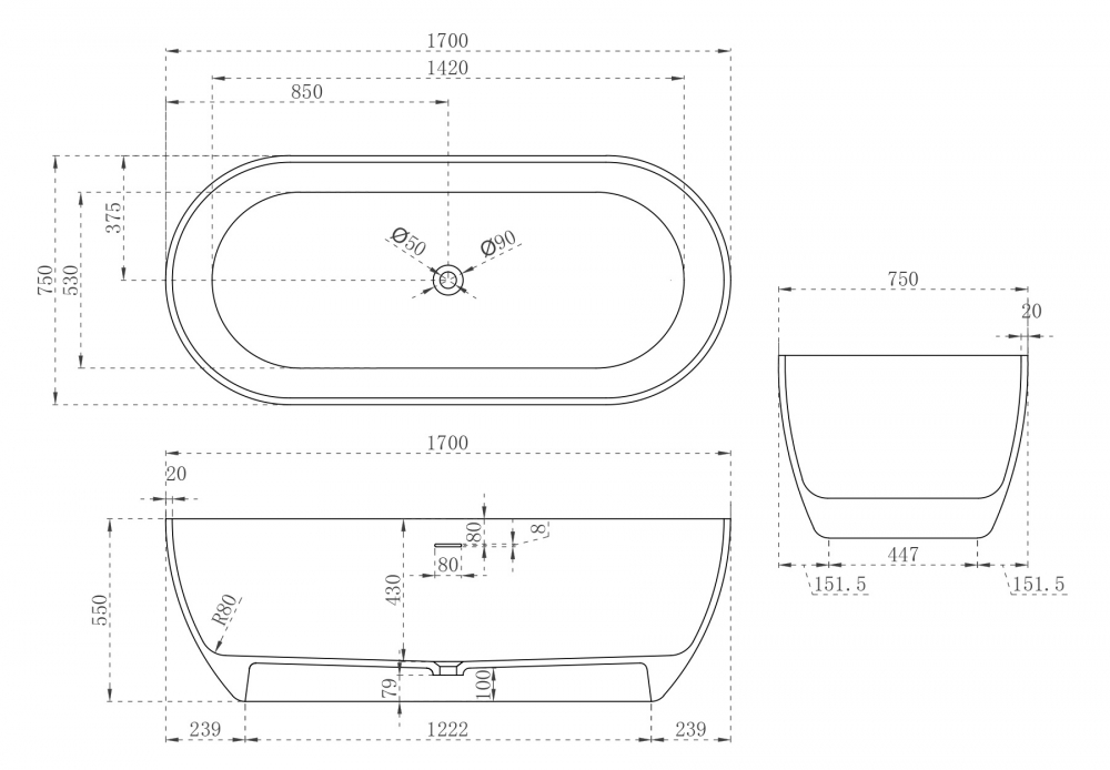 Ванна из искусственного камня Abber Stein 170х75 белый матовый AS9613-1.7 - 9