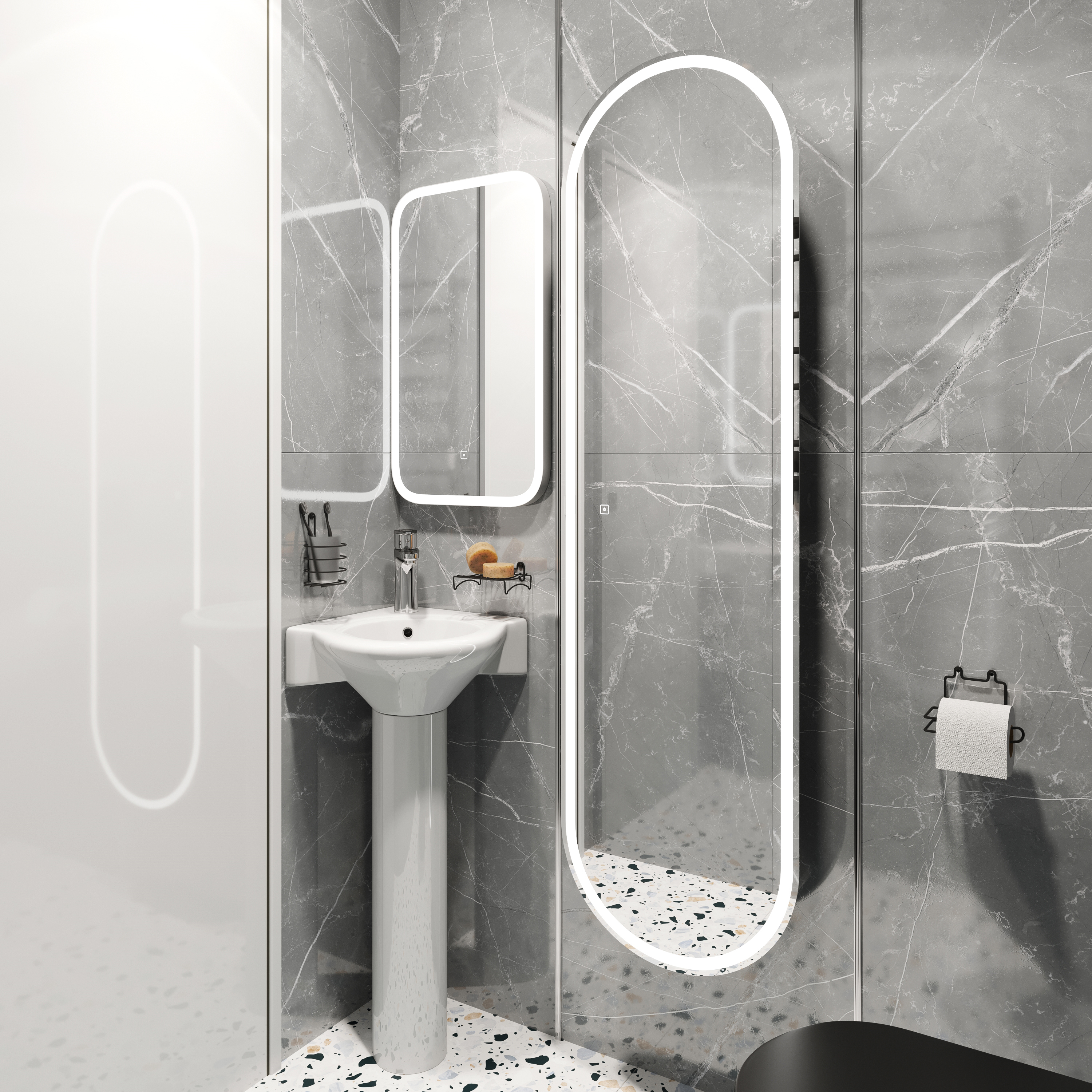 Комплект  Раковина DIWO Псков 0100 угловая + Зеркало DIWO Псков 40 с подсветкой + Сифон для раковины Wirquin Минор с отводом для стиральной машины + П 550542 - 0