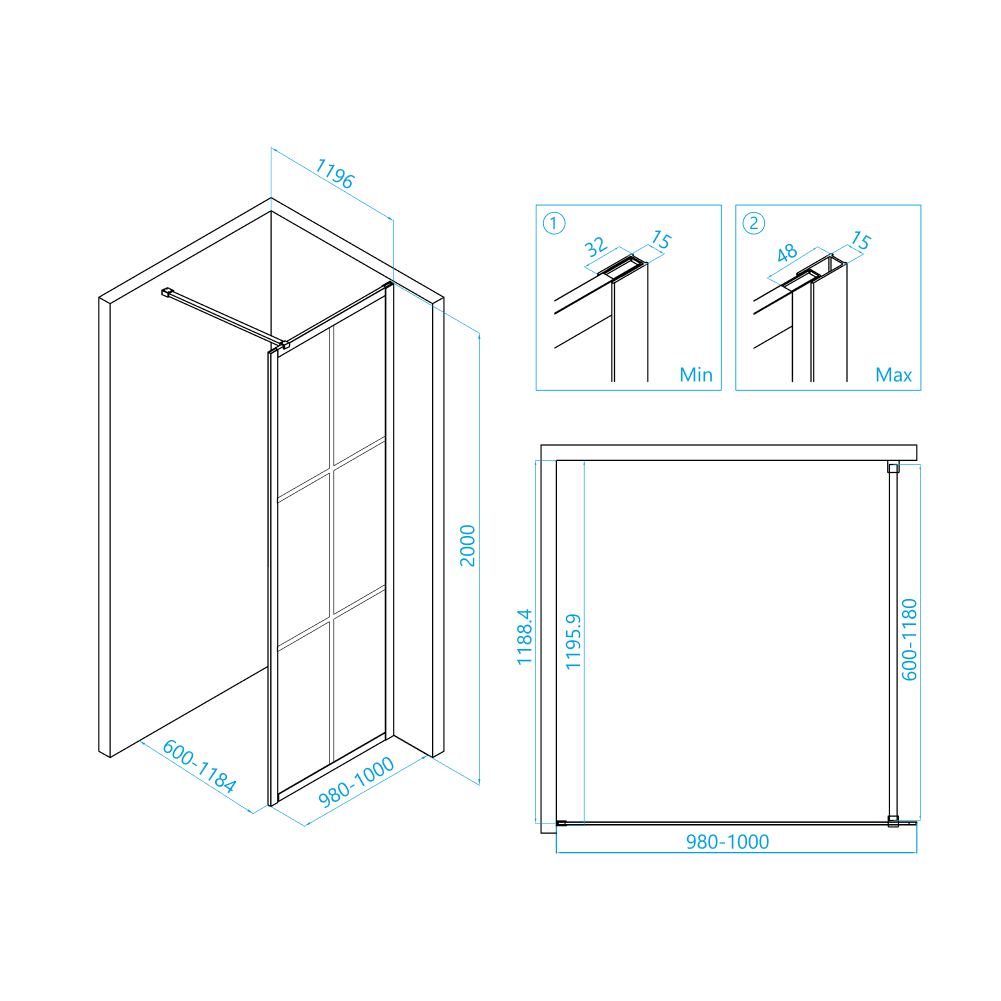 Душевая перегородка 100*200 RGW WA-11-B Чёрный/Прозрачное(Принт)/8 мм (980-1000) (Easy) 32101110-84 - 2