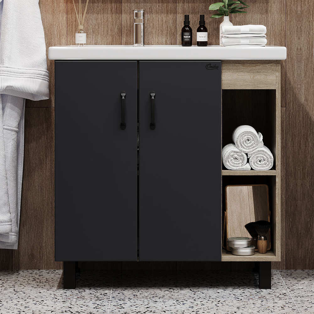 Тумба с раковиной Onika Тимбер 80 серый - светлое дерево - 1