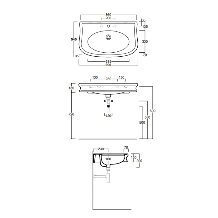 SIMAS Lante 90, раковина 90*54*h13, с 3 отв. под смеситель, цвет: белый LA11bi*3 - 1