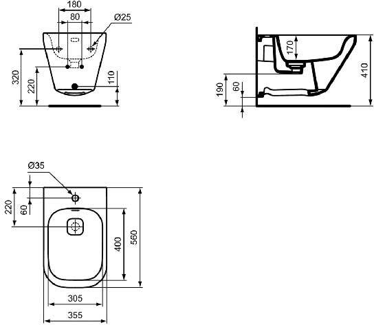 K523601 TONIC II Подвесное биде, с крепежом TT0299327 (для полностью скрытого монтажа), с керамической накладкой слива - 1