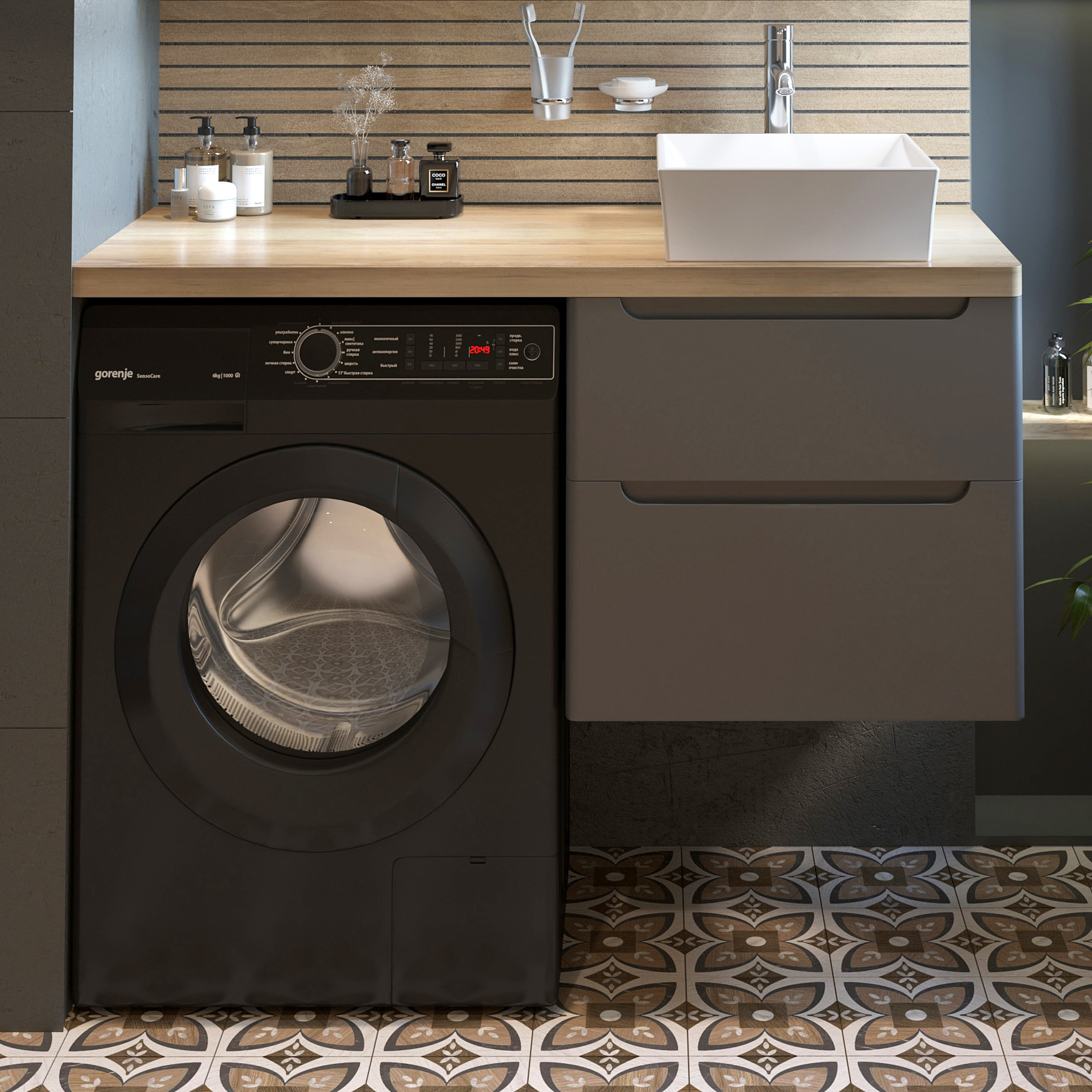 Тумба с раковиной STWORKI Берген 60 серая со светлой столешницей 122, раковина Bocchi Vessel 1173-061-0125 569133 - 0