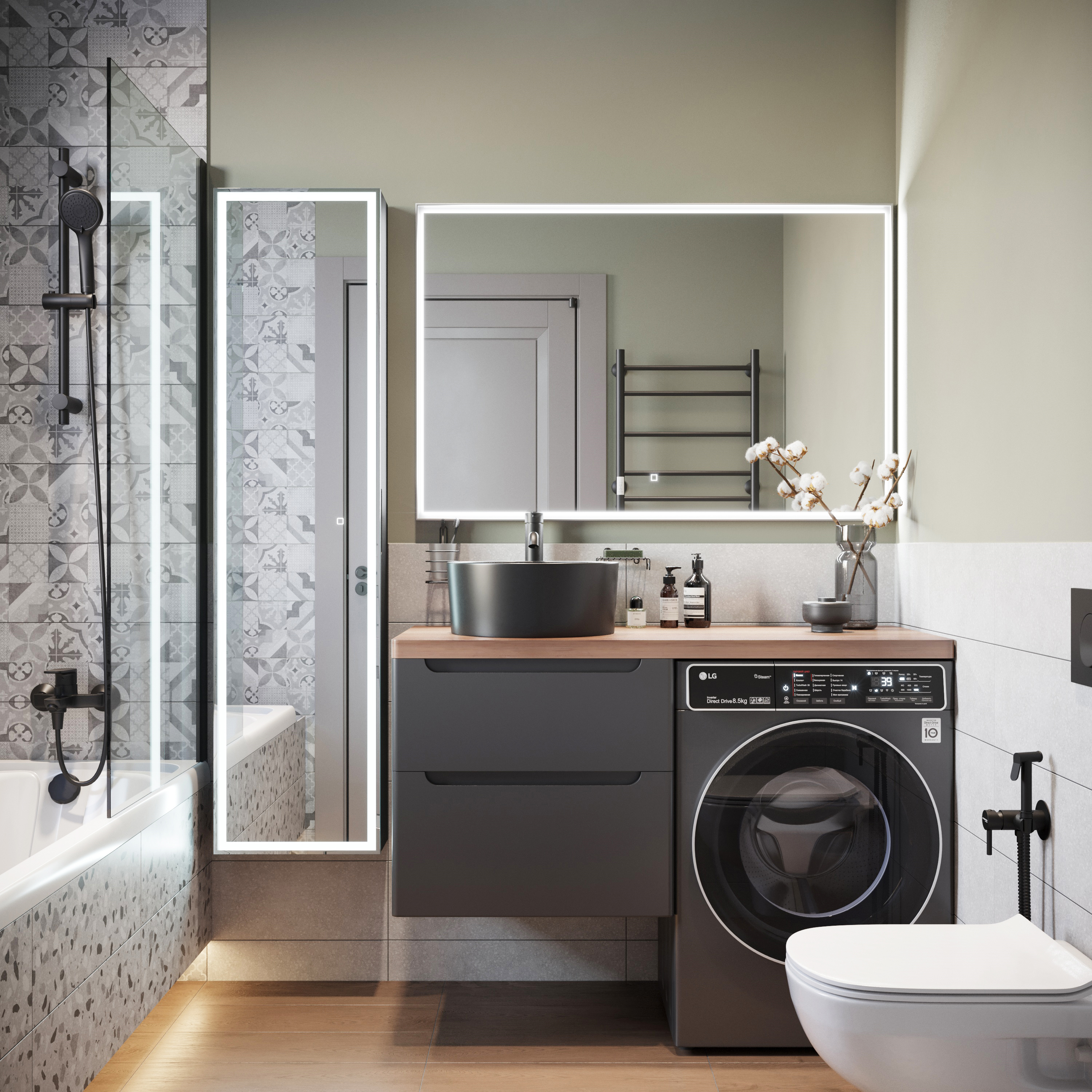 Мебель для ванной STWORKI Берген 60 серая с темной столешницей 122, раковина BOCCHI Vessel черная, R 549765 - 0