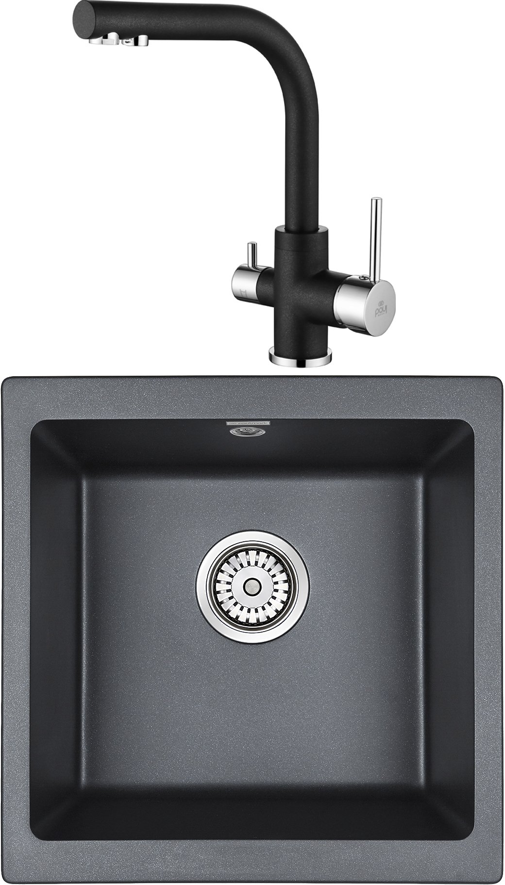 Комплект Мойка кухонная Paulmark Brilon PM104546-BLM черный металлик + Смеситель Paulmark Essen Es213011-418 для кухонной мойки, черный металлик - 0