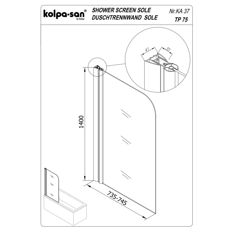 Шторка на ванну Kolpa San Sole 75 хром 560005 - 1