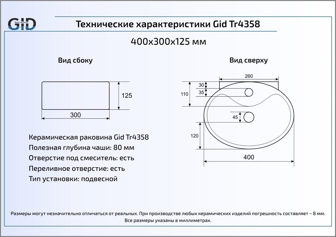 Подвесная раковина Gid  40 см  Tr4358 - 1