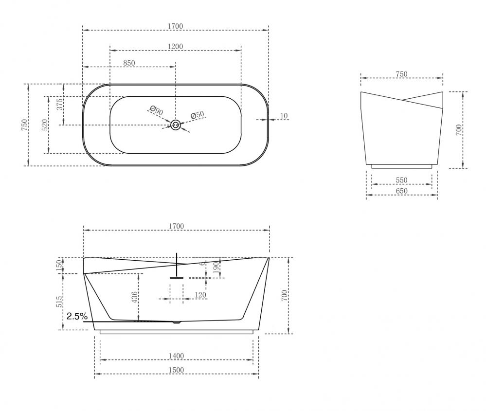 Ванна из искусственного камня Abber Stein 170х75 белый матовый AS9609 - 4