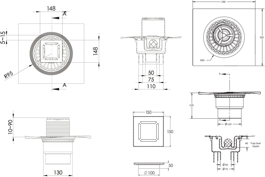 Душевой трап Berges Wasserhaus Zentrum Uno 15x15 см 090472 - 5