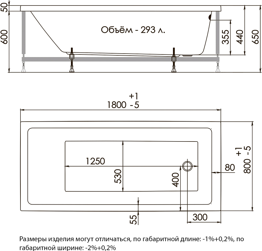 Акриловая ванна DIWO Суздаль 180x80 прямоугольная, пристенная, российская, с ножками 506651 - 9
