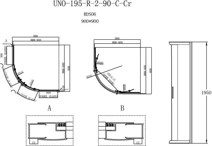 Душевой уголок BelBagno Uno-195 R 2 90 P Cr UNO-195-R-2-90-P-Cr - 2