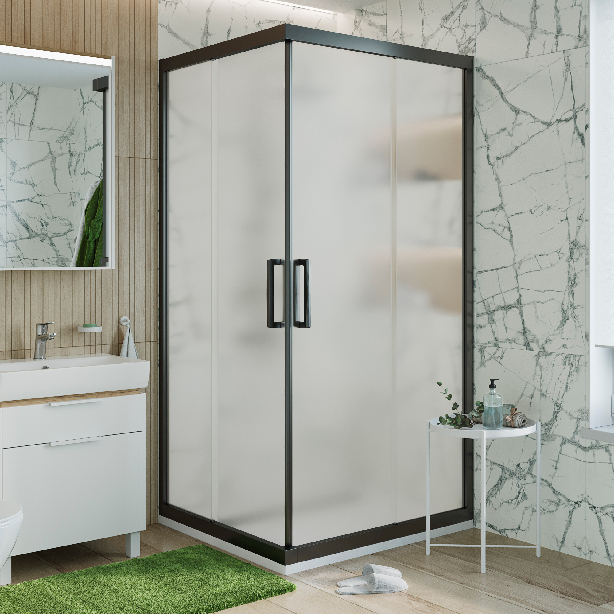 Душевой уголок STWORKI Дублин DE019SC100100200 100x100 см профиль черный матовый, стекло матовое 3GW108TTKK000 - 0