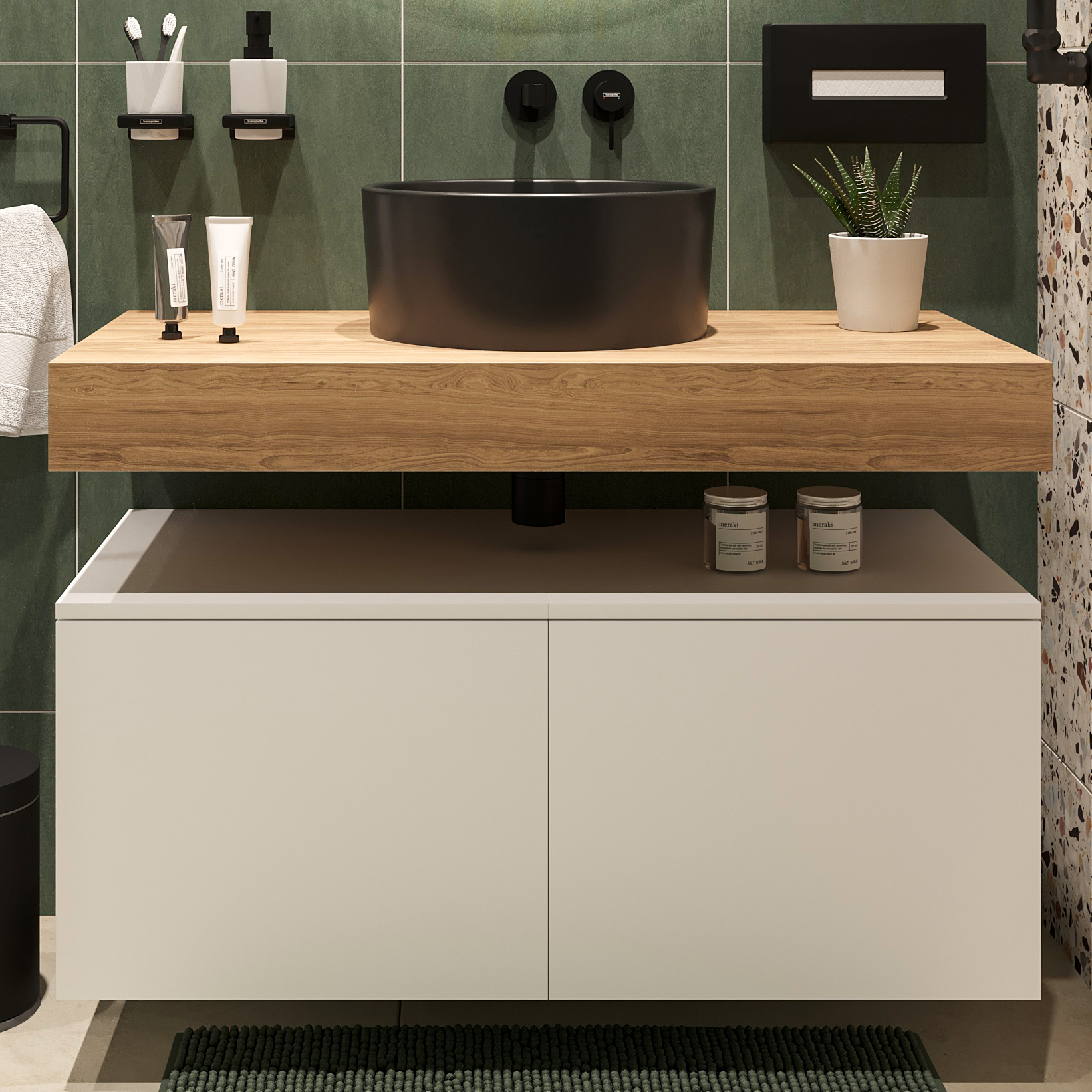 Столешница STWORKI Ольборг 100 дуб французский, без отверстий,  2 тумбы 50, с раковиной BOCCHI Vessel черной 487243 - 0