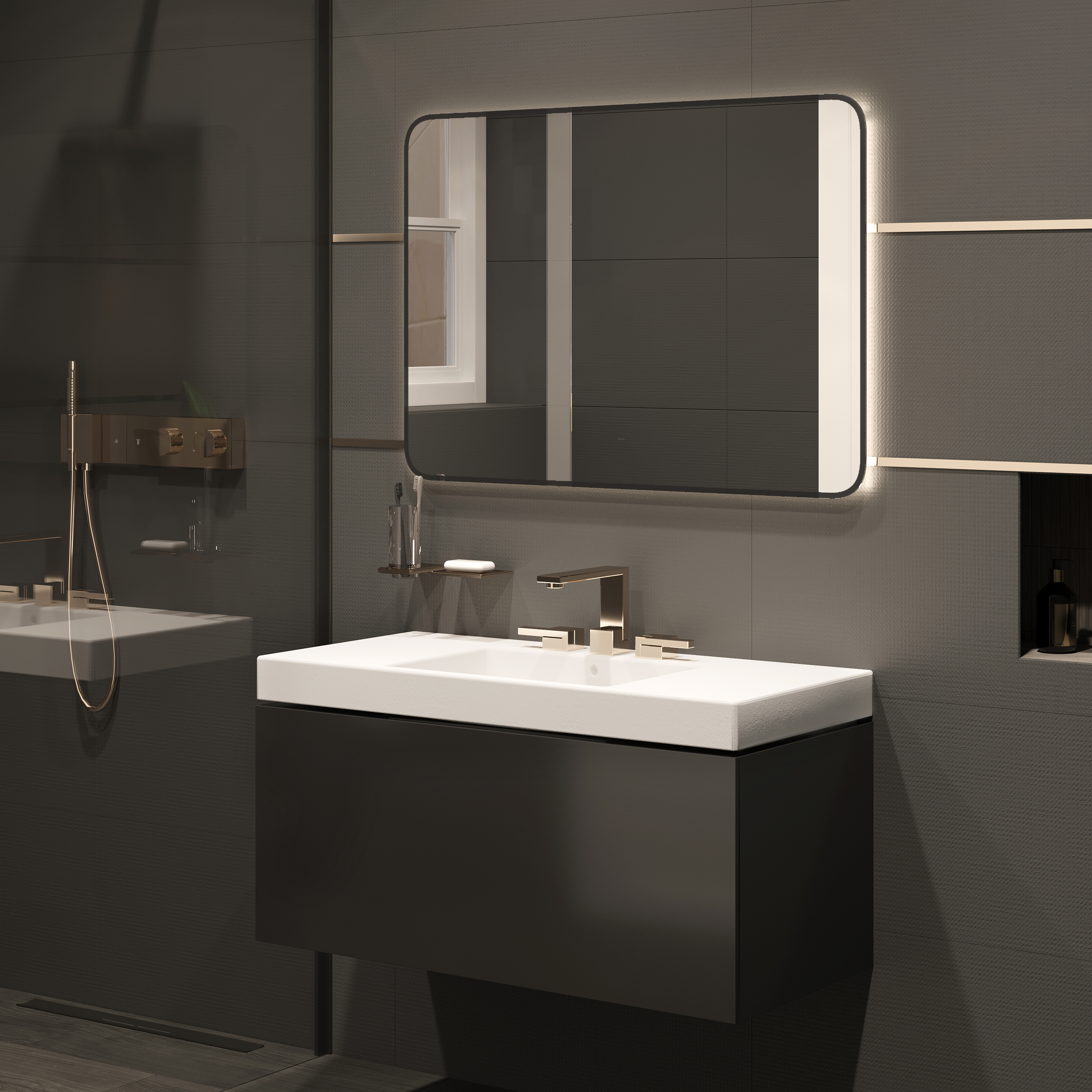 Зеркало DIWO Кострома 100 черное, с подсветкой светодиодной, инфракрасный выключатель, прямоугольное ЗЛП1752 - 4