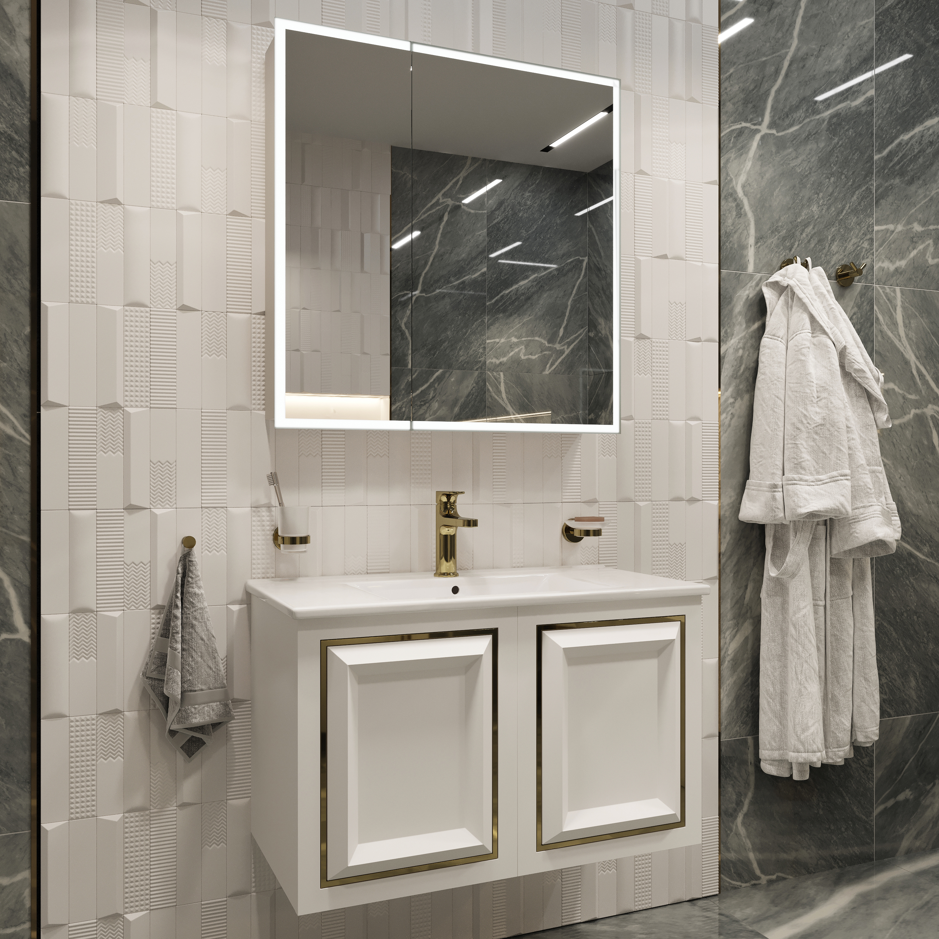 Зеркало-шкаф STWORKI Ольборг МВК079 80, с подсветкой, навесной, белый, прямоугольный, в стиле лофт, с розеткой - 2