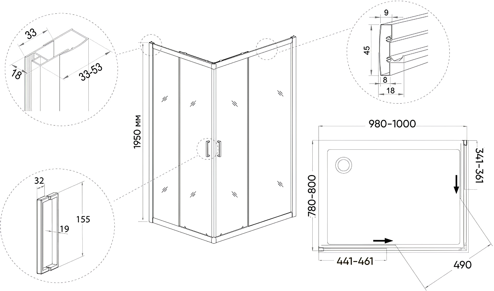Душевой уголок Veconi Rovigo 100х80, черный  RV14-10080-01-C5 - 2