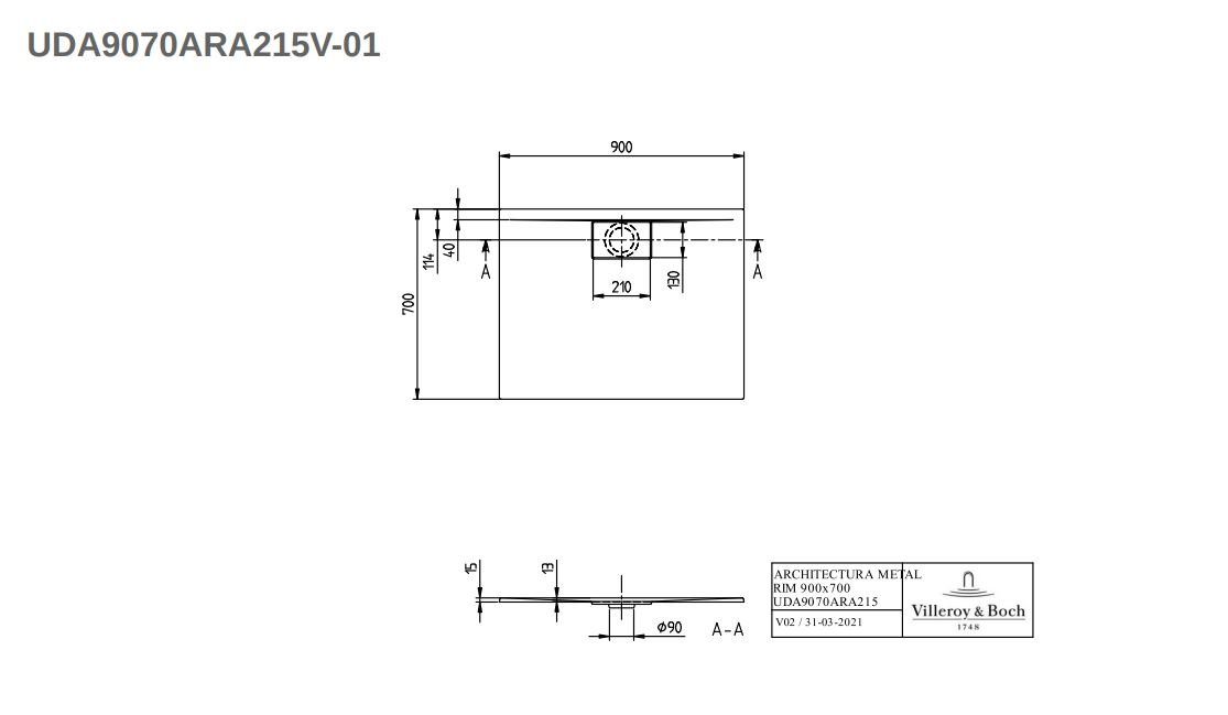 Душевой поддон Villeroy & Boch Architectura белый  UDA9070ARA215V-01 - 3