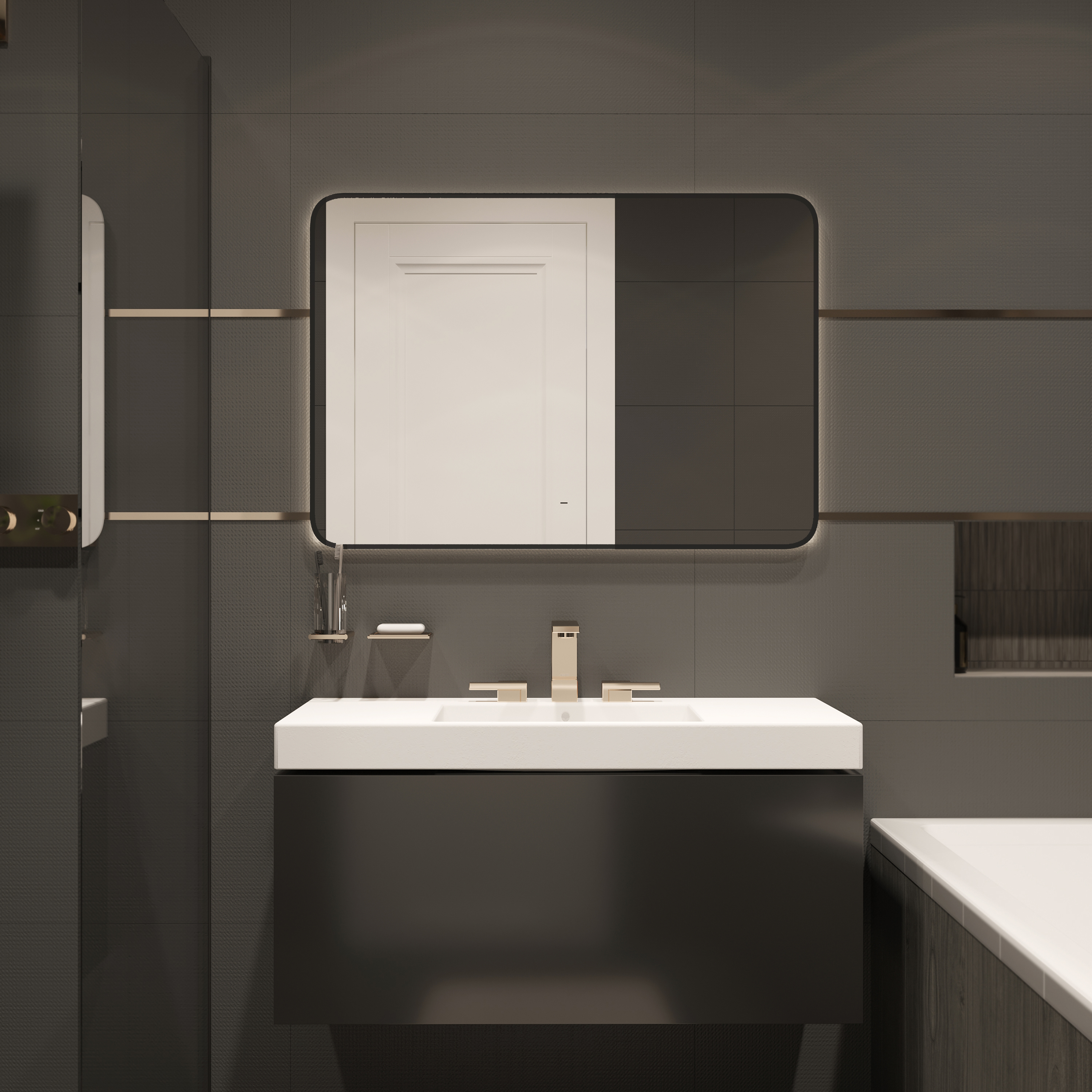 Зеркало DIWO Кострома 100 черное, с подсветкой светодиодной, инфракрасный выключатель, прямоугольное ЗЛП1752 - 2