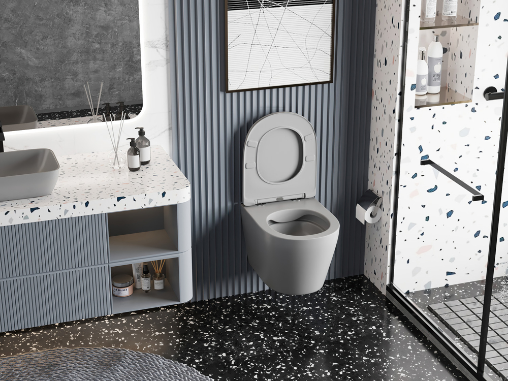 Унитаз подвесной Abber Bequem безободковый с сиденьем микролифт серый матовый AC1102MG - 8