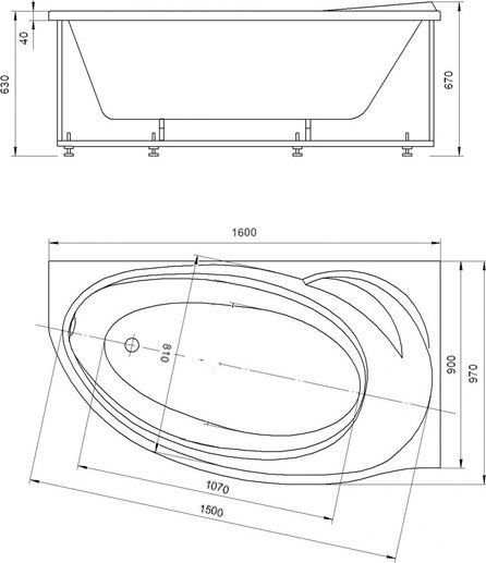 Акриловая ванна Акватек Бетта 160 R, с фронтальным экраном BET160-0000026 - 1