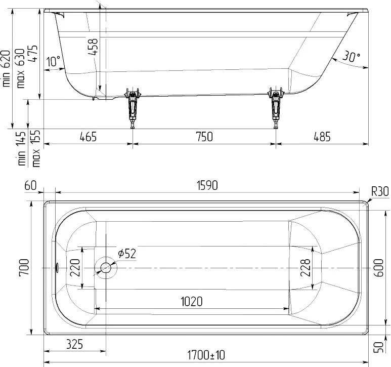 Чугунная ванна Универсал Элегия 170x70 см, пристенная 4607152361391  - 2
