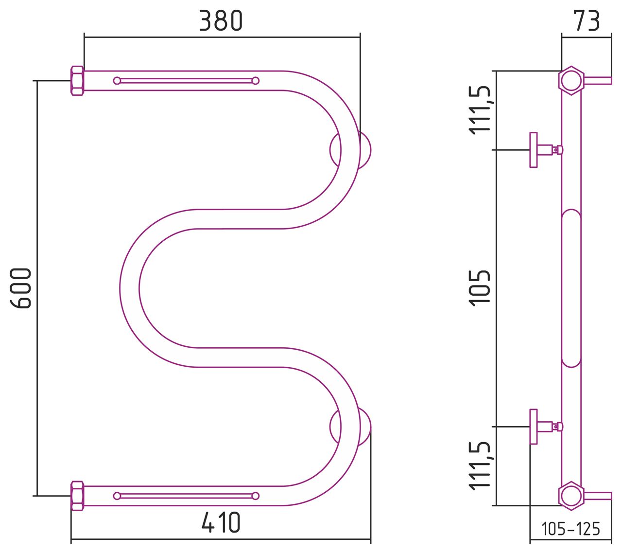Полотенцесушитель водяной ВПС М-обр. 2П 600х400 Н. Г. 1