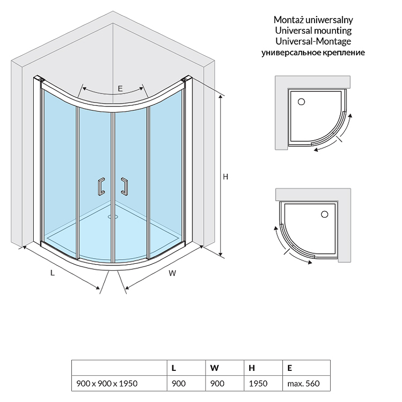 Душевой уголок Excellent Серия 600 90х90 профиль хром стекло прозрачное KAAC.1901.900.LP - 4