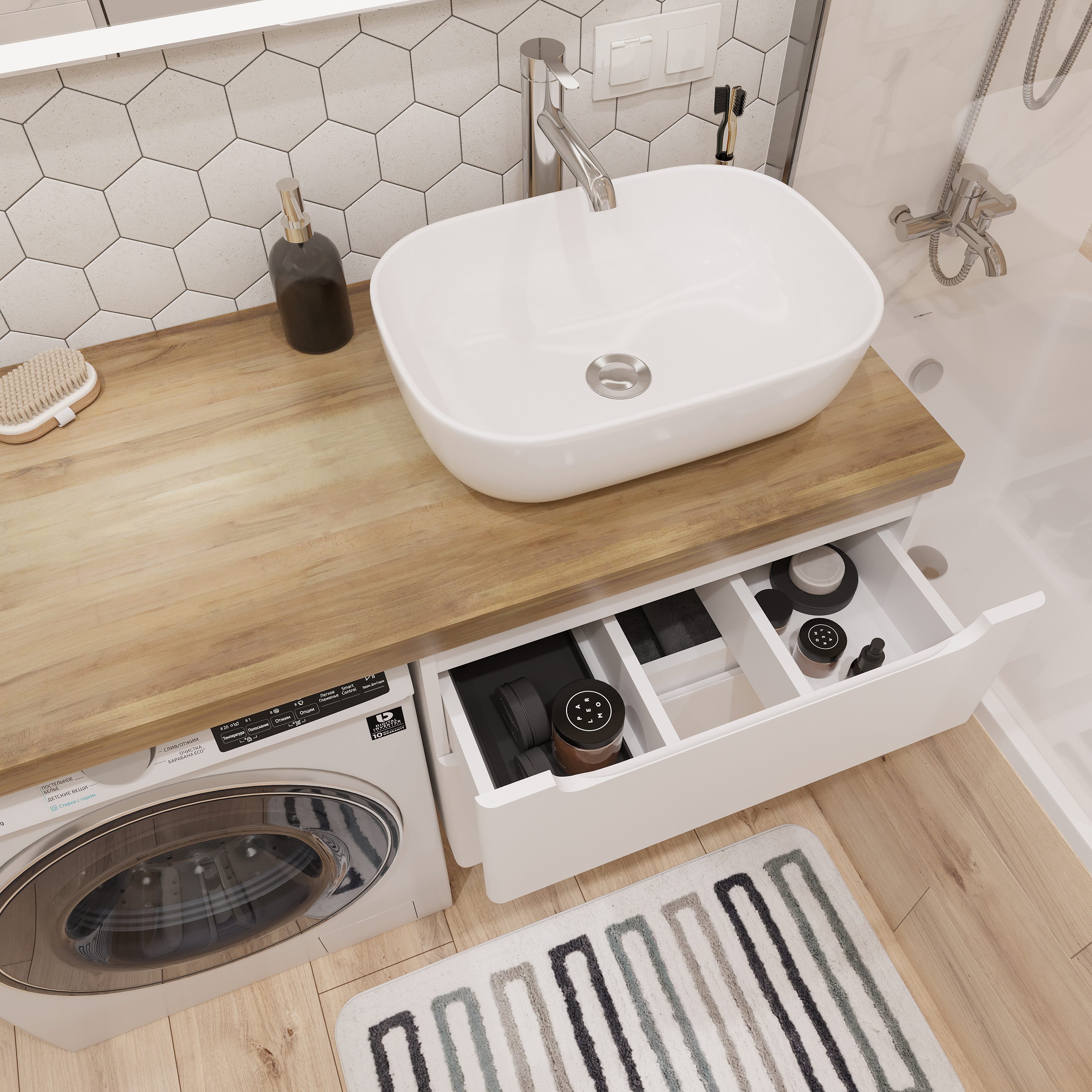 Тумба с раковиной STWORKI Берген 60 белая со светлой столешницей 122, Moduo 50 Square, L 549614 - 4