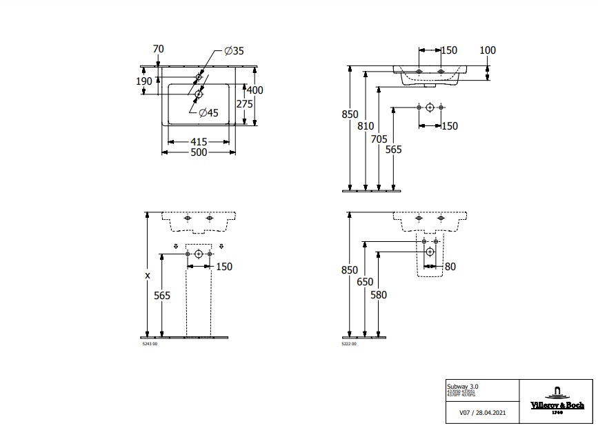 Накладная раковина Villeroy&Boch Subway 3.0 50 белая 43705001 - 1