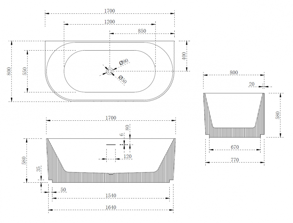 Акриловая ванна Abber 170x80, универсальная  AB9330-1.7 - 3