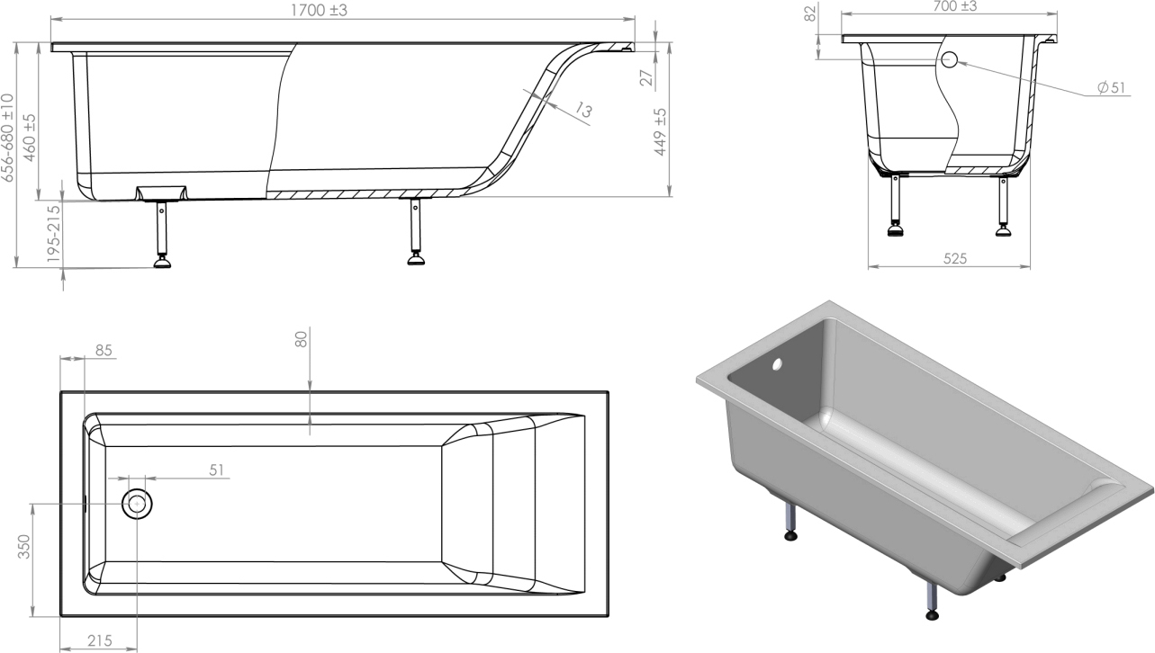 Ванна из искусственного камня Астра-Форм Нейт 170х70 01010041 - 4