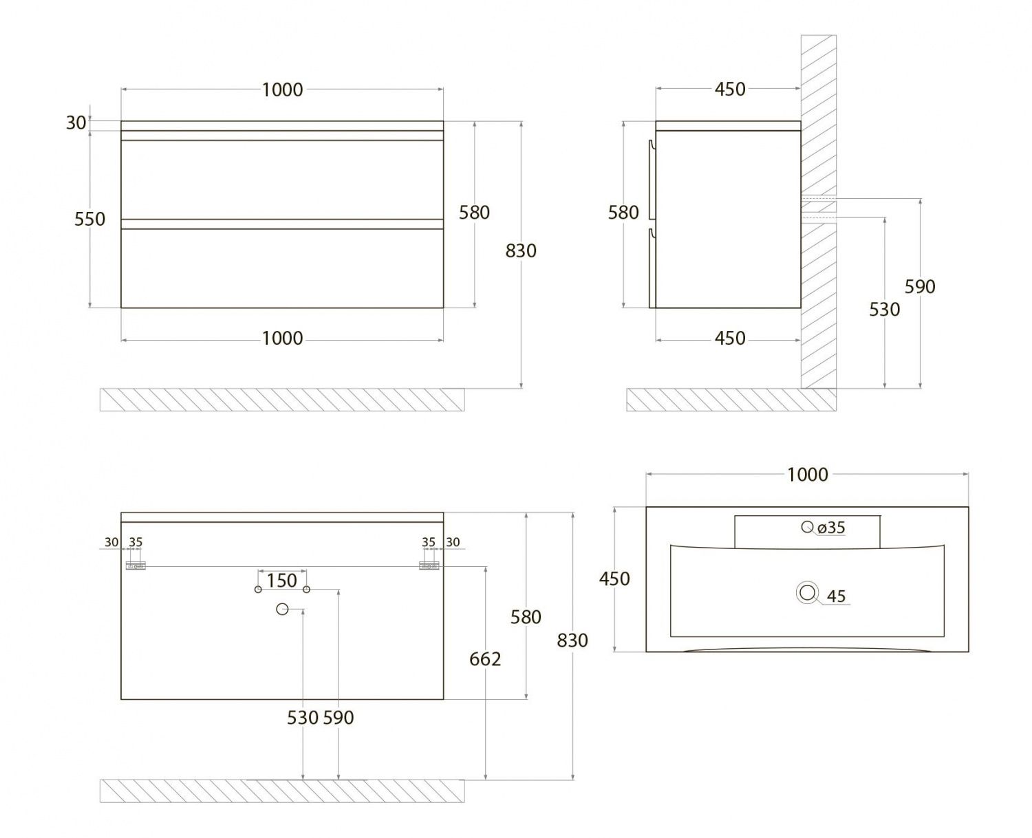 BIANCHI База под раковину подвесная с двумя выкатными ящиками, Серый матовый AM-Bianchi-1000-2C-SO-GM - 3