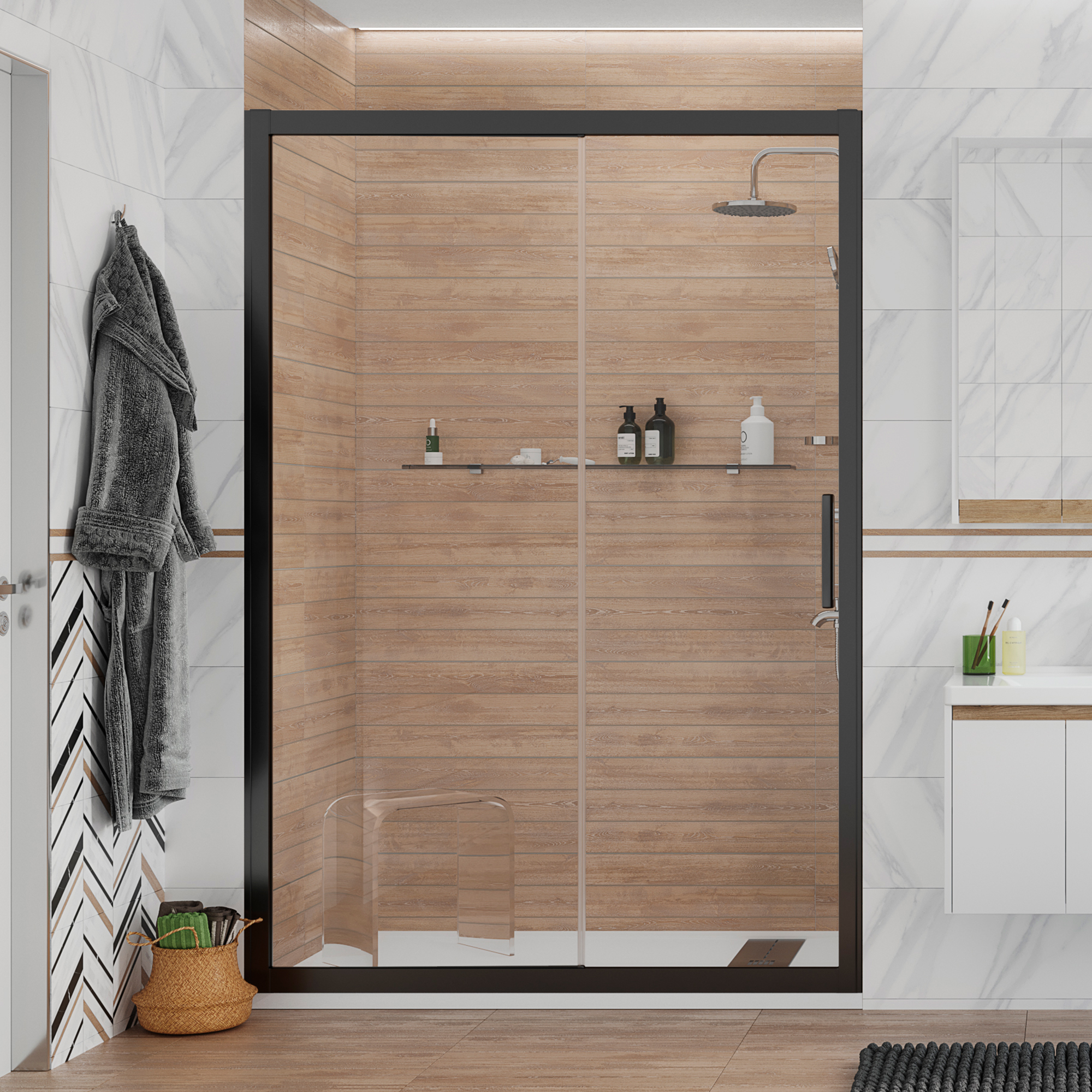 Душевая дверь в нишу STWORKI Стокгольм DE019D2150200 150 см профиль черный матовый 3GW209TTKK000 - 0