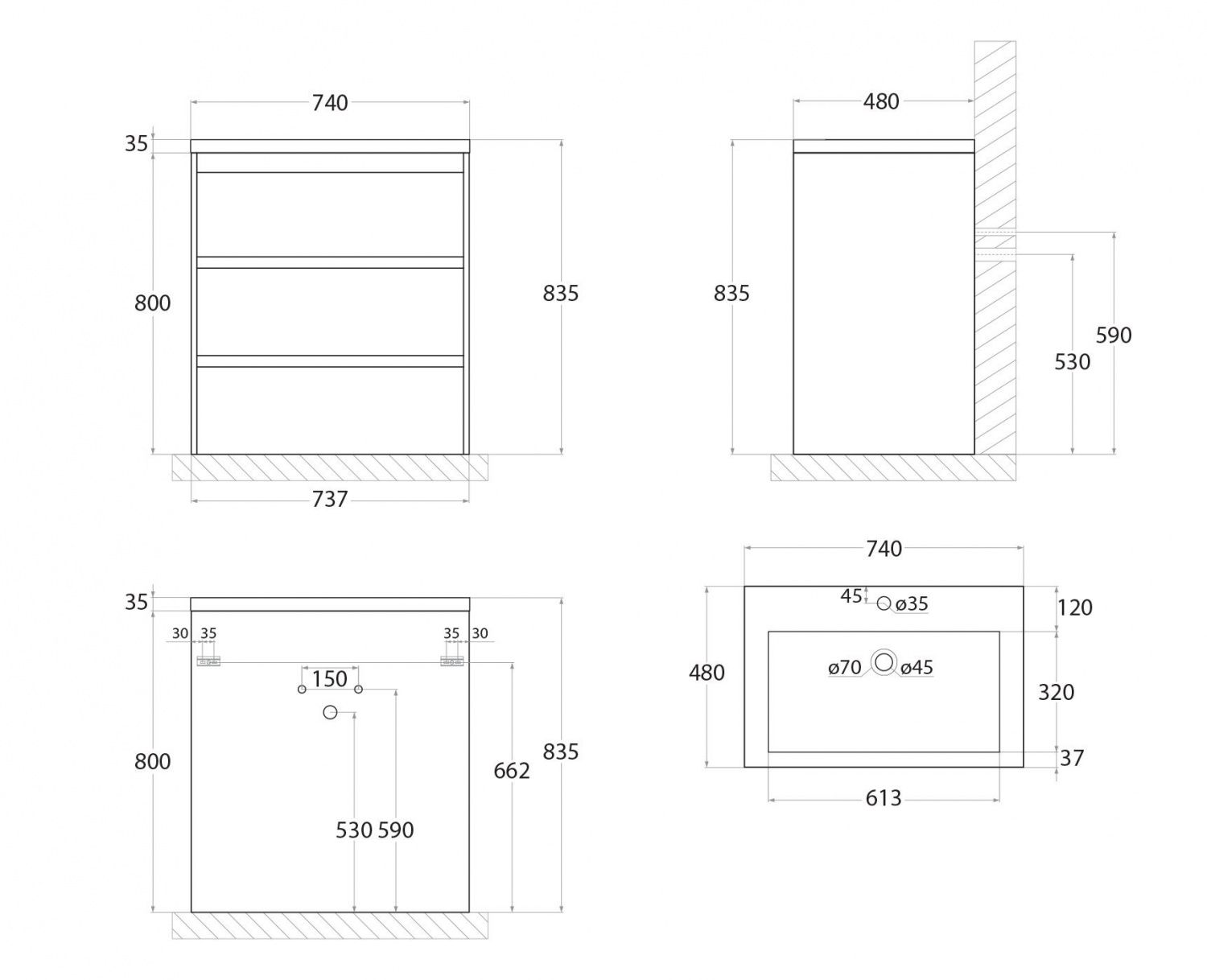 FAMILY База под раковину напольная с тремя выкатными ящиками, Cemento Veneto, 750x470x845, FAMILY-750-3C-PIA-CV - 3