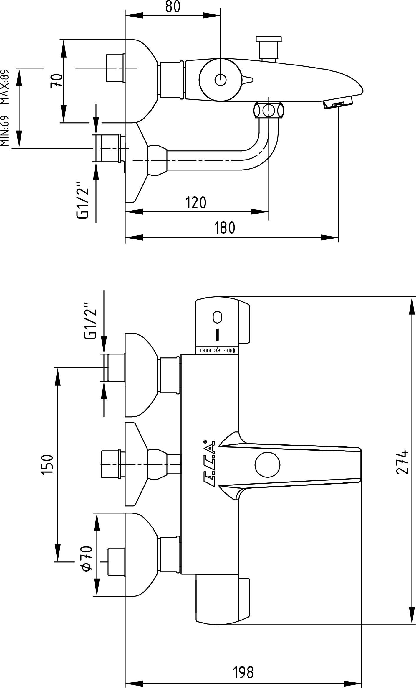 Термостат E.C.A. Thermostatic 102102340EX для ванны и душа - 1