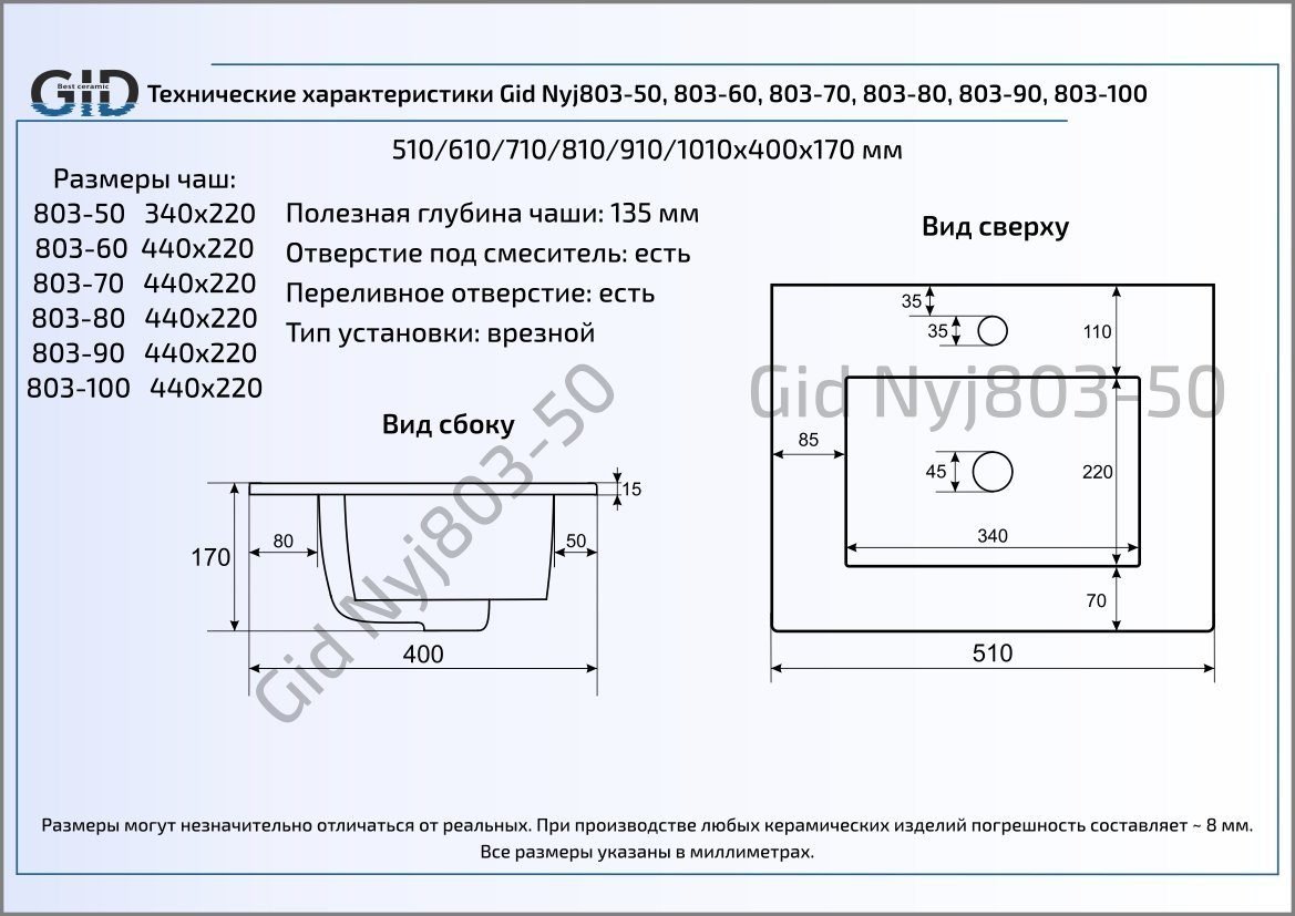 Встраиваемая раковина Gid  91 см  NYJ803-90 - 1