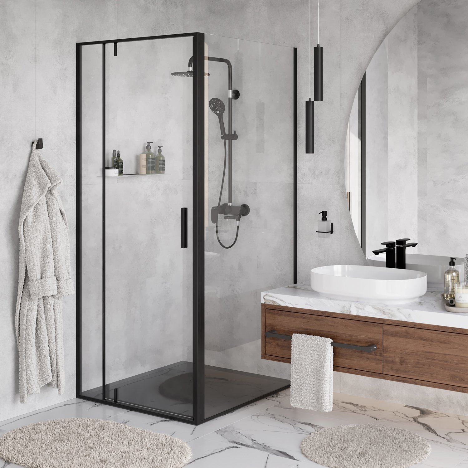 Душевой уголок Wasserkraft Elbe 100х100 профиль черный матовый стекло прозрачное 74P19 - 1